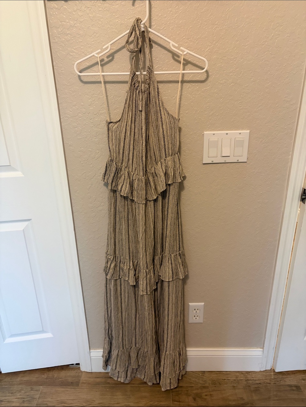 Halter Ruffle Maxi Dress in Beige Stripe
